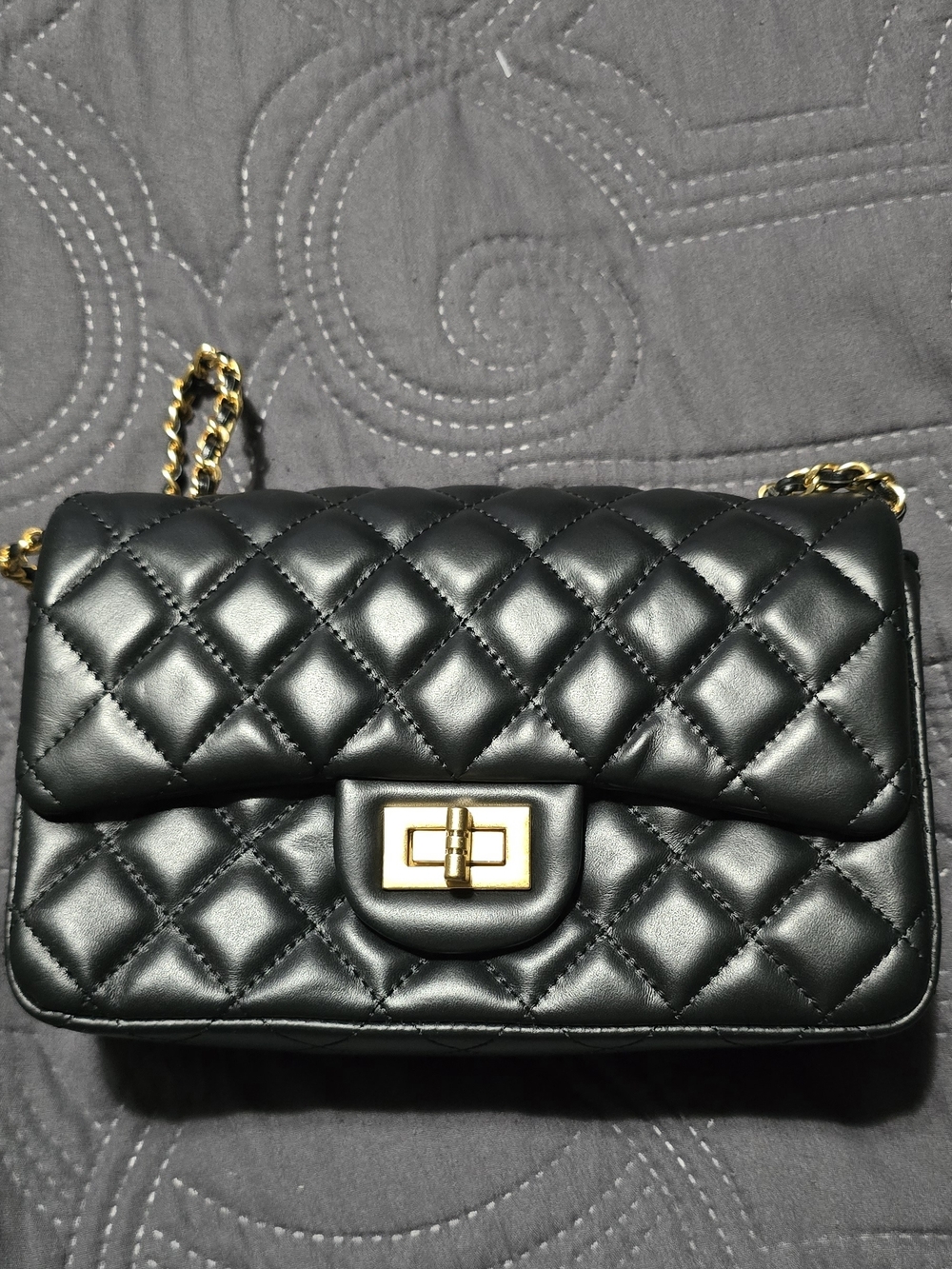 Black Genuine Leather Quilted Chain Shoulder Bag with Gold Hardware